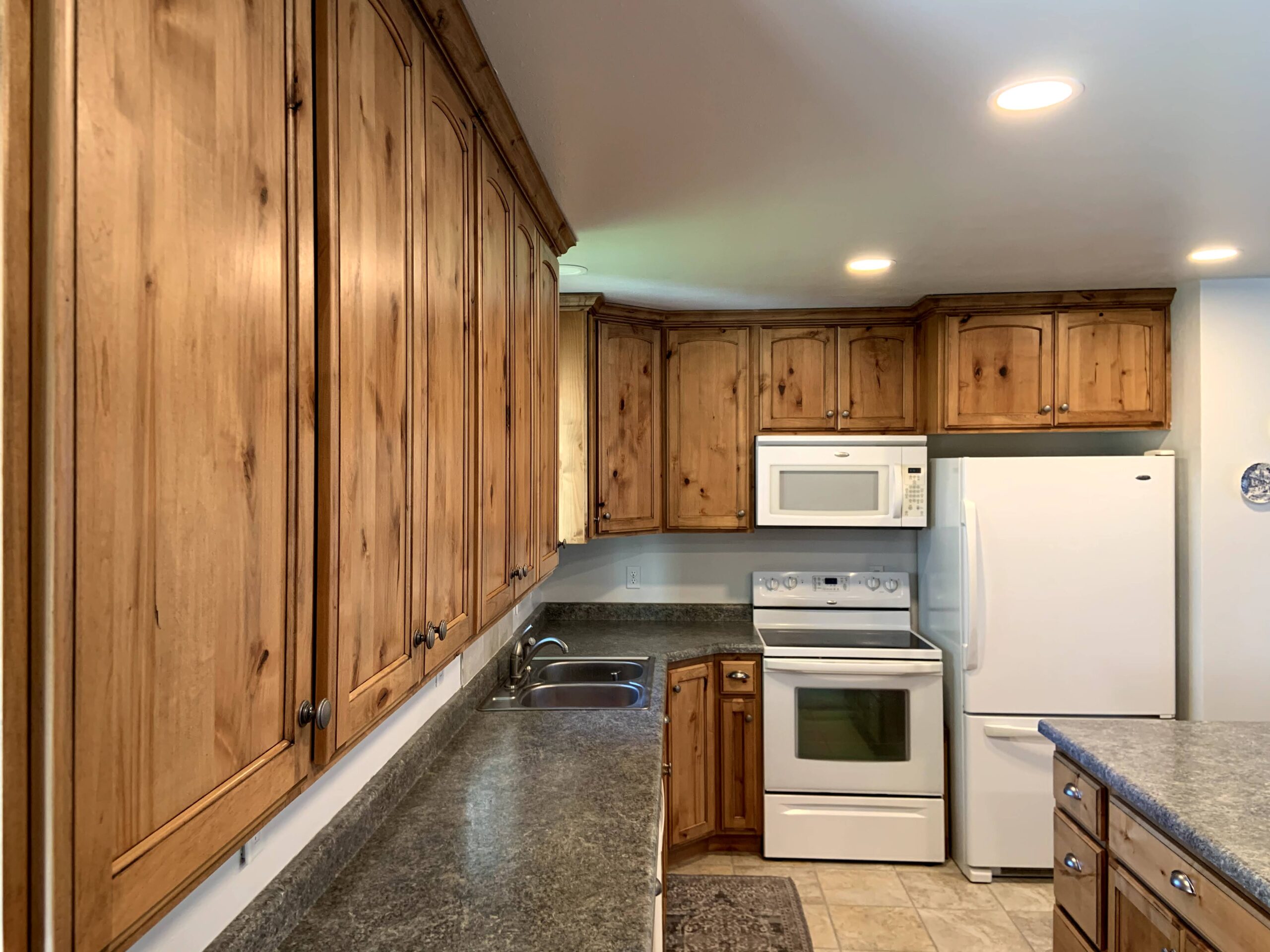 Close-up view of knotty wood cabinets